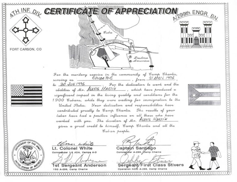 Recognition for volunteering work at Camp Charlie.